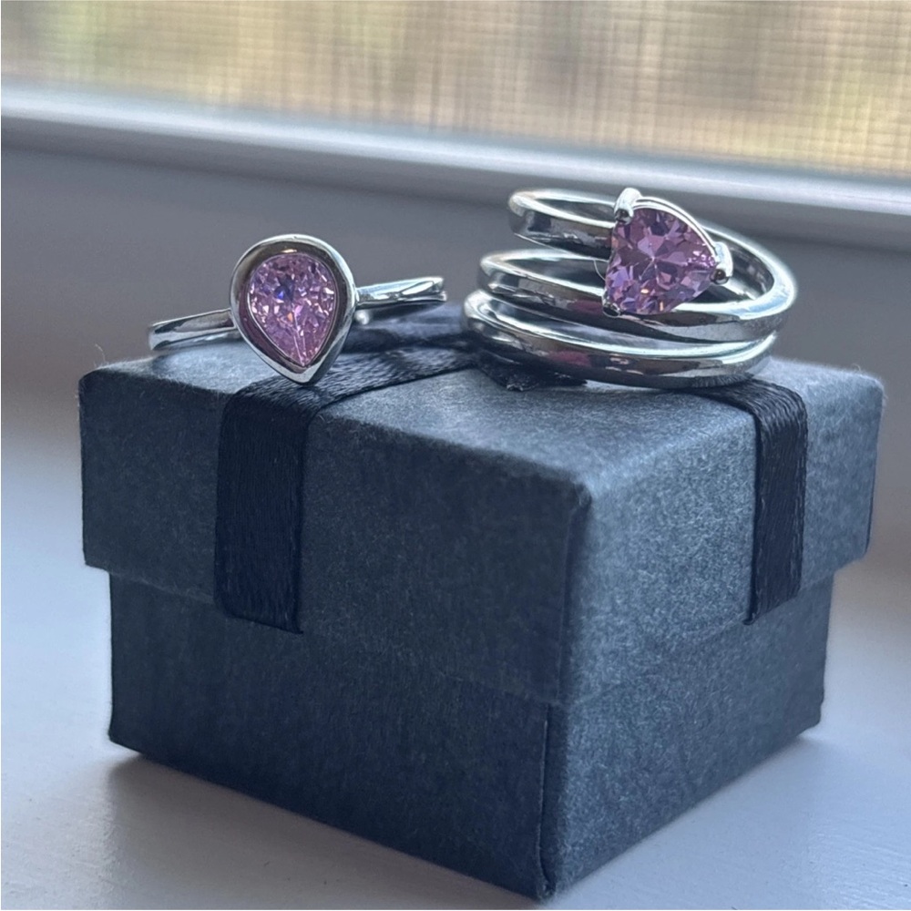 2 Piece White Gold Plated Pink Heart CZ Ring Set | Romantic Boho | Adjustable - Picture 4 of 14